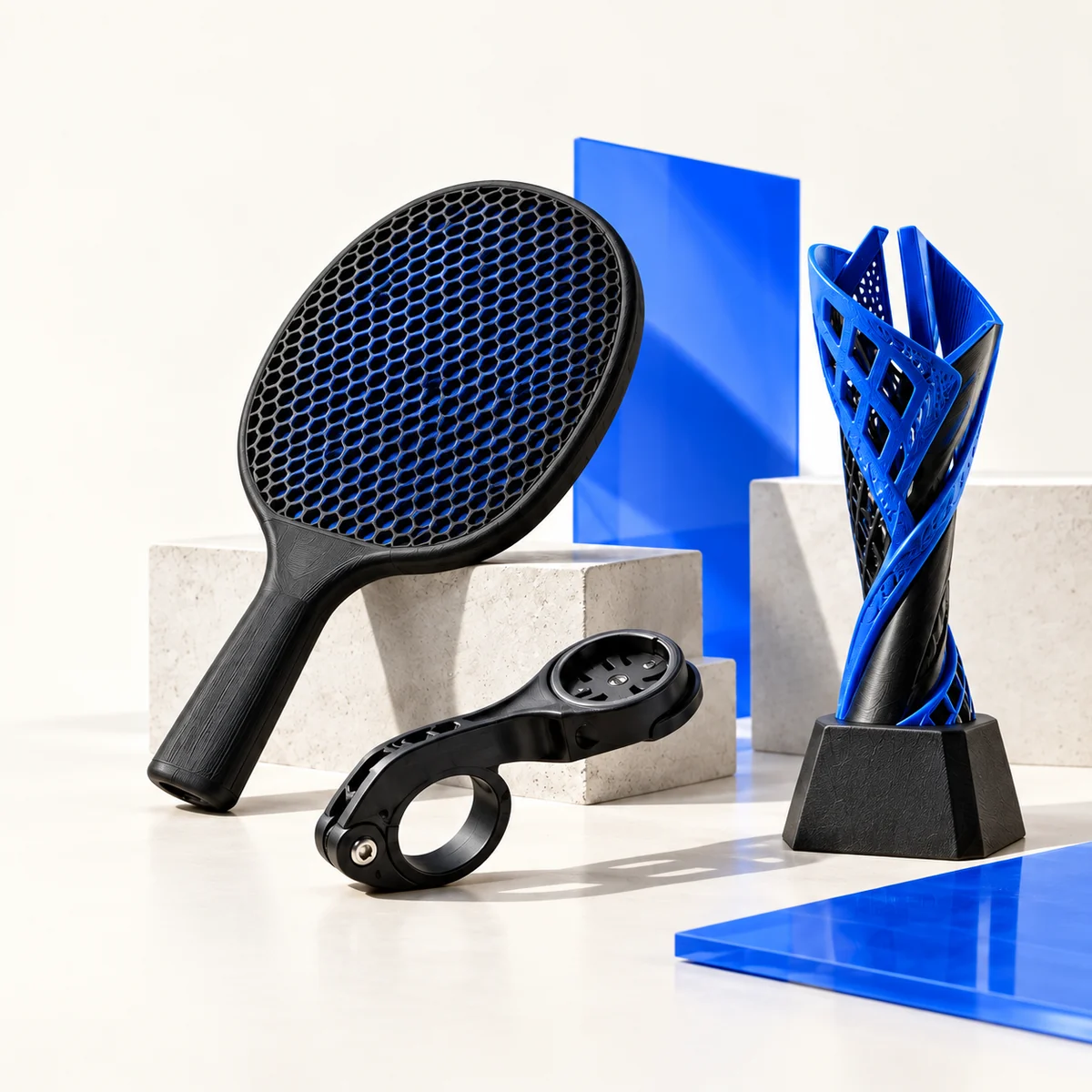 Conceitos em impressão 3D: raquete vazada, suporte de ciclocomputador e troféu azul, com texturas de fabricação em camadas.