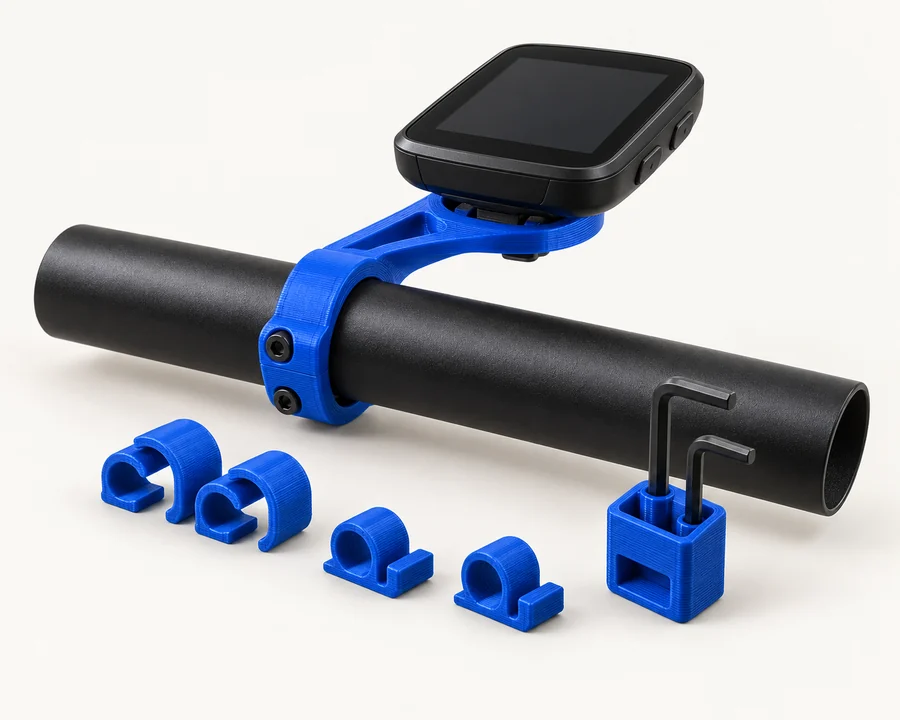 Suporte azul de ciclocomputador e acessórios de bicicleta com camadas de impressão 3D visíveis.
