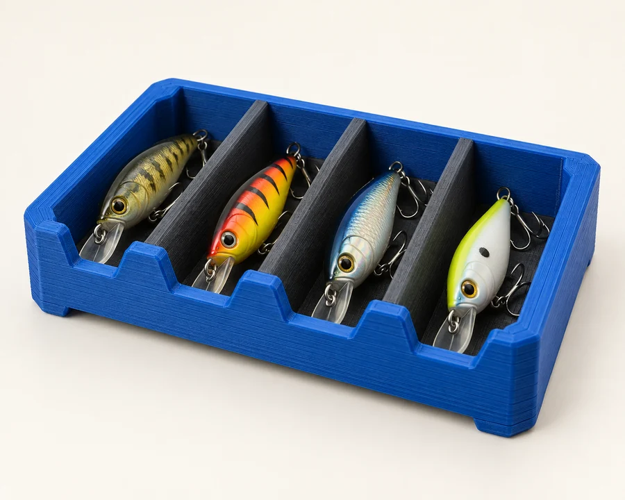 Organizador de iscas azul e preto com divisórias impressas em 3D.